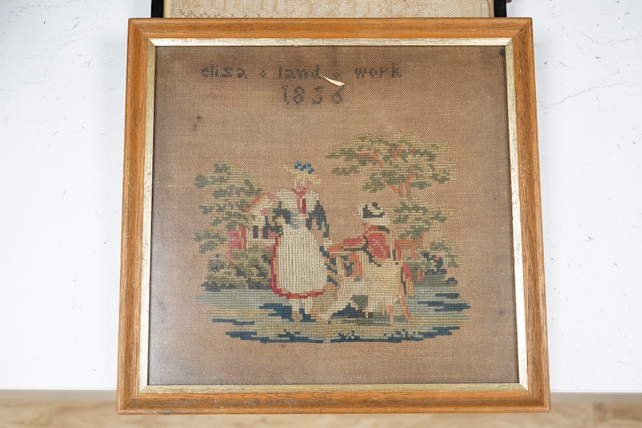 Four Victorian cross stitch samplers. One by Sarah Ann Lawrence dated 1845, another by Eliza Land dated 1856, the other two alphabet samplers, largest 26.5cm high x 27.5cm wide. Condition- two faded by age and sun light,